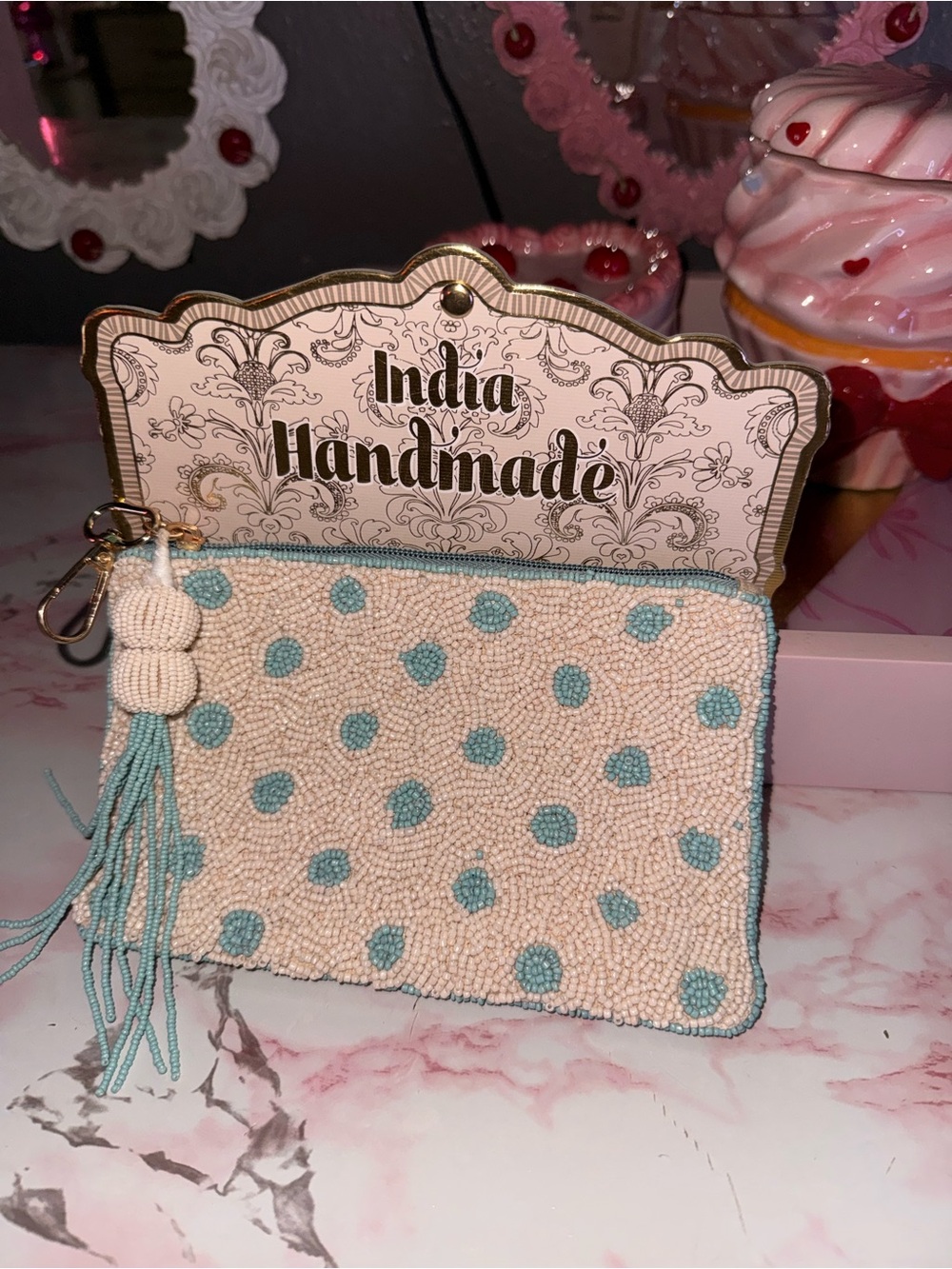 India Handmade Beaded Polka Dot Pouch with Clip- Cream and Light Blue
